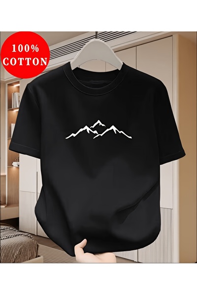 yiou trendy clothing قميص رجالي 100% قطن، تي شيرت كاجوال مطبوع بتصميم جبل كبير