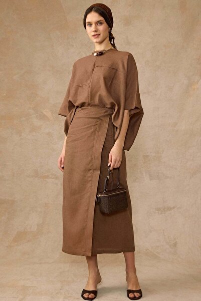 Olcay Φούστα με δέσιμο, Χαλαρή Μπλούζα, Σετ Λινό Διπλό Σετ S.KAHVE 9455-TK