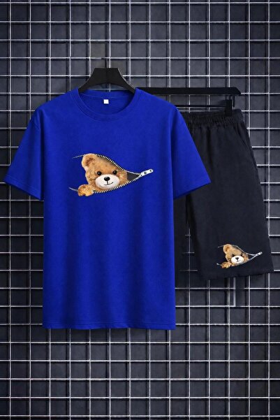 zeag Unisex Zippered Bear Printed Shorts and T-Shirt Set
