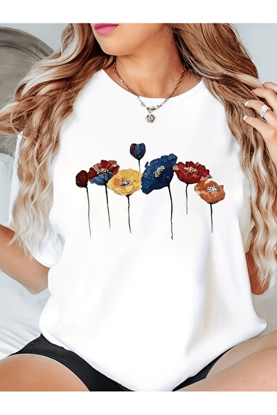 yiou trendy clothing تي شيرت فاخر كبير الحجم مطبوع عليه زهور ملونة