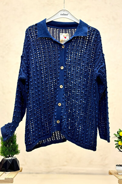 sahnemoda Collared Bud Pattern Buttoned Organic Cotton Cardigan