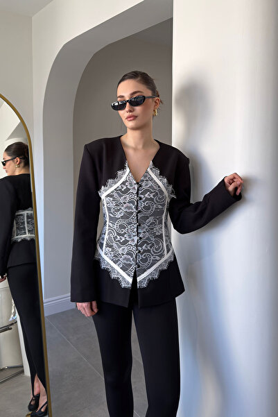 MAGARDE Μπουφάν με Λεπτομερή Σχεδίαση Γκιπούρ - ΜΑΥΡΟ