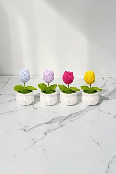 Bereketli Store 4 Πολύχρωμες Πλεκτές Τουλίπες |   Χειροποίητο Διακοσμητικό Σε...