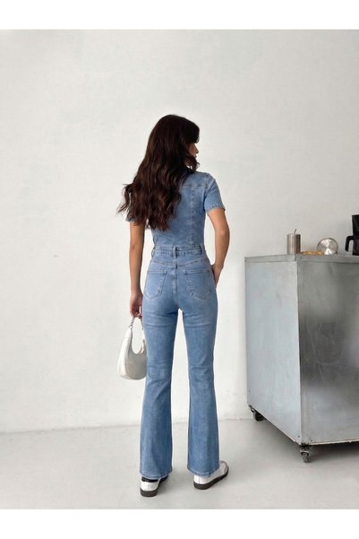 KENE JEANS Short Sleeve Ice Cream Lycra Denim Spanish Cuff Jumpsuit