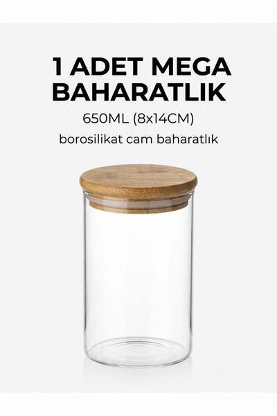 ERKUGO 6'lı Vakumlu Bambu Kapaklı Cam Baharatlık Seti 650 ml - 8x14 cm Mega Boy Saklama Kabı Takımı