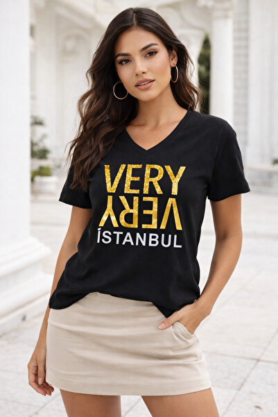 Rich Γυναικείο μπλουζάκι μαύρο 100% βαμβακερό με παγιέτες και στάμπα, με λαιμ...