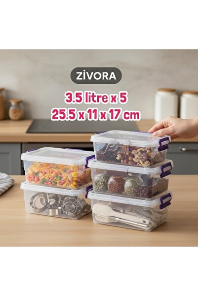ZİVORA Set of 5 3.5 Liter (3.5X5) Horizontal Food Storage Containers with Pla...