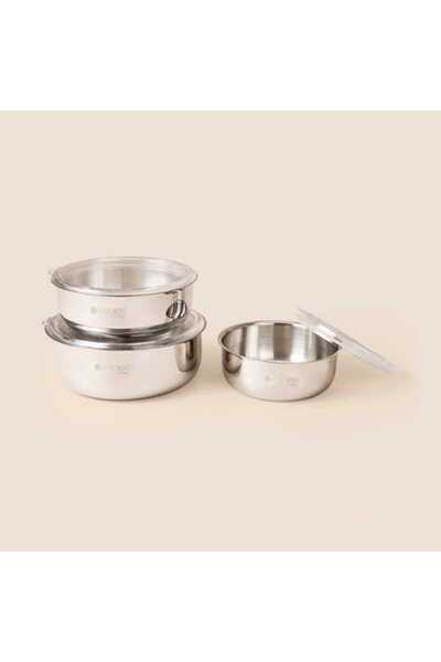 Evidea Kitchen 3'lü Çelik Saklama Kabı - Inox - 18 cm + 16 cm + 14 cm