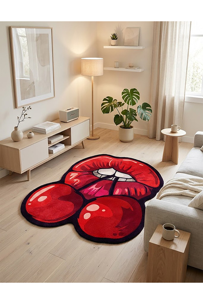 Rugs Modern Halı SDT Kirazlı Dudak Figürlü İkonik Kırmızı Dokuma Taban Dekora...