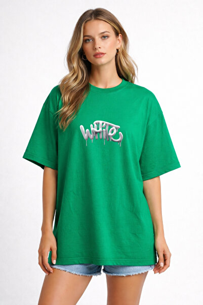 DUBU BUTİK Tricou unisex oversize verde cu imprimeu alb, 100% bumbac, îmbrăcă...