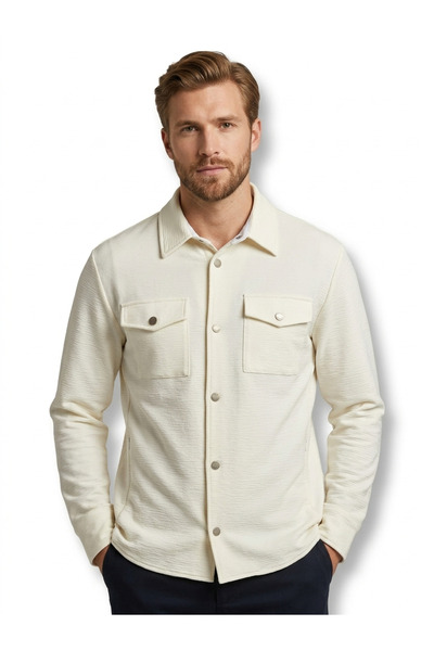 İMAJ MAĞAZACILIK Men's Ecru Slim Fit Gofre Textured Premium Overshirt Shirt J...