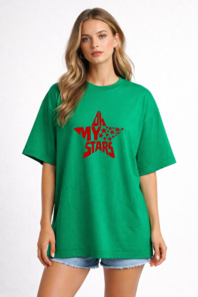 DUBU BUTİK Unisex Oversize Yeşil Yıldız Baskılı Tişört Yıldız %100 Pamuk Salaş Streetwear Kadın Erkek T-Shirt