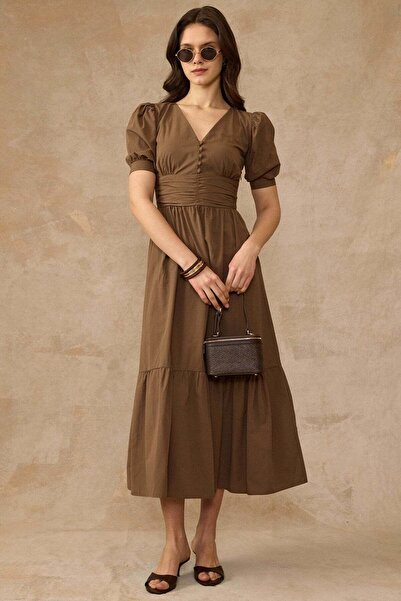 Olcay Βαμβακερό φόρεμα με μανίκια καρπούζι και λεπτομέρεια ντραπέ VİZON 9457-E