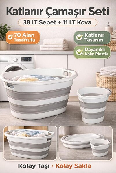 Funny Life Katlanır Çamaşır Sepeti ve Kova Seti 38 LT + 11 LT Yer Kaplamaz Ta...