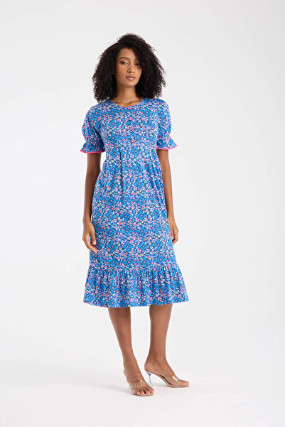 Wild Love Γυναικείο φόρεμα με μπλε φλοράλ σχέδιο, βαμβακερό, με βολάν και κου...