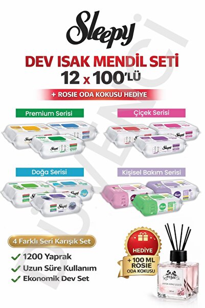 Sleepy Islak Mendil Mega Fırsat Paketi (12 Paket x 100 yaprak) ve Oda Kokusu