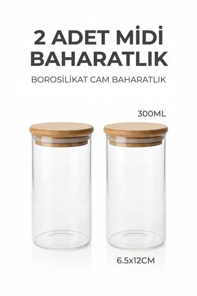 ERKUGO 2'li Vakumlu Bambu Kapaklı Cam Baharatlık Seti 300 ml - 6.5x12 cm Midi Boy Saklama Kabı Takımı