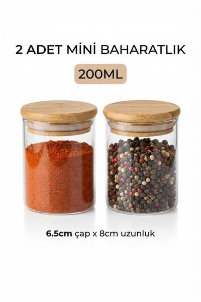 ERKUGO 2'li Vakumlu Bambu Kapaklı Cam Baharatlık Takımı 200 ml 6.5x8 cm, Baharatlık, Cam Baharatlık