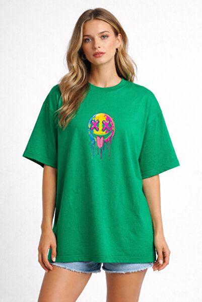 DUBU BUTİK Unisex Oversize Yeşil Smile Baskılı Tişört %100 Pamuk Renkli Emoji Desenli Salaş Streetwear T-Shirt