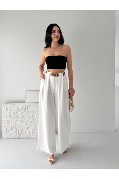 02Lady Fashion Κομψό παντελόνι με πιέτες στη μέση, φαρδιά μπατζάκια και ψηλόμ...