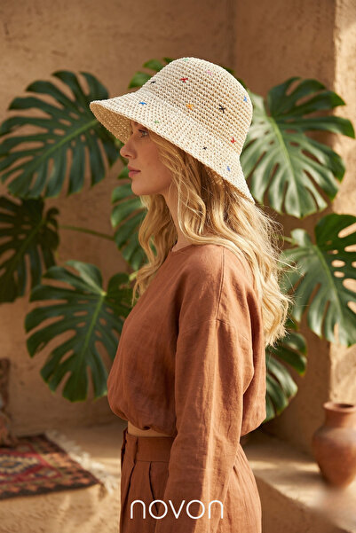novon Καπέλο μποέμ με ψάθινη όψη, χειροποίητο πλεκτό, σχέδιο Boho-Chic, υψηλή...