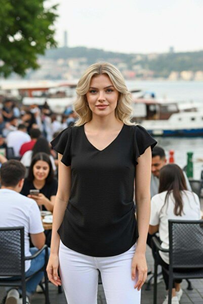 Mossta Μπλούζα με λαιμόκοψη καρδιά και πλισέ στο πλάι - Μαύρο