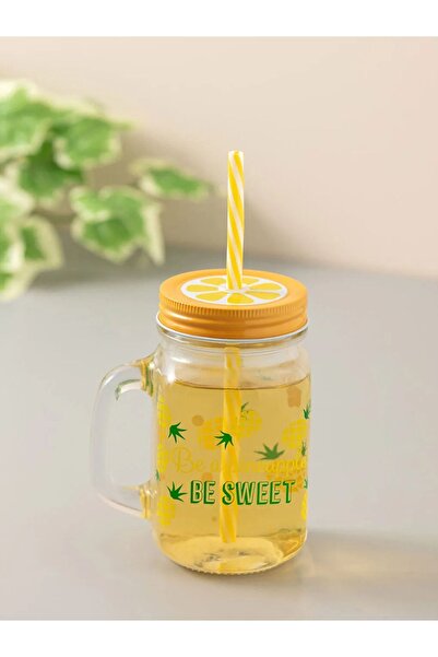 LC Waikiki Pineapple Printed Yellow Lid Glass Cup with Straw 400 ml