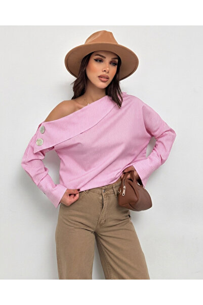 XELA Γυναικείο πουκάμισο με λεπτομέρεια με κουμπιά, ασύμμετρο γιακά και μακρυ...