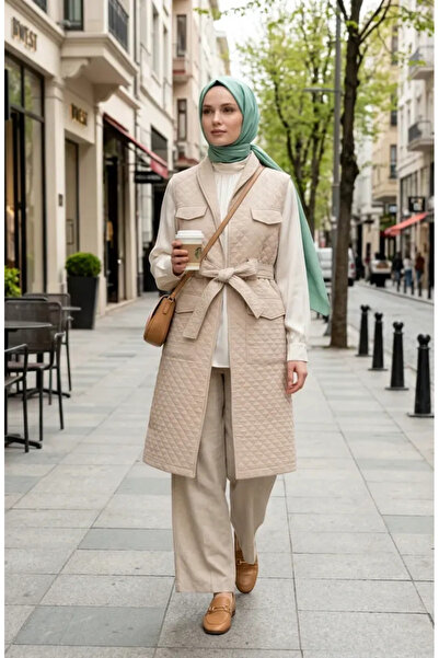 sefamerve Καπιτονέ Γιλέκο με Ζώνη 71313-04 Μπεζ