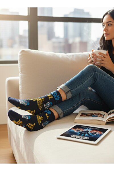 Dark Velvet Κάλτσες Unisex με μοτίβο ρομπότ σε θέμα τον χώρο σε σκούρο μπλε χ...