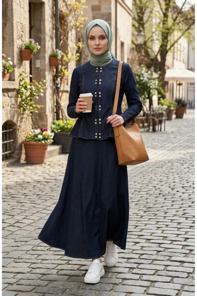 sefamerve Σετ Τζιν Σακάκι και Φούστα 71482-03 Ναυτικό Μπλε