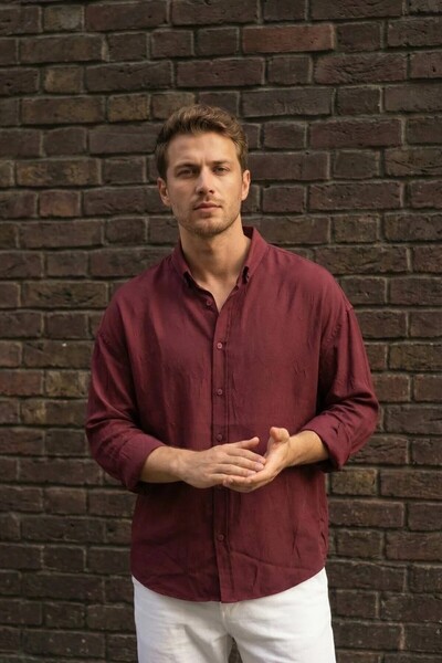 MADZEYMODA Ανδρικό πουκάμισο με εφέ ζάρωσης, άνετη εφαρμογή, καλοκαιρινό μακρ...