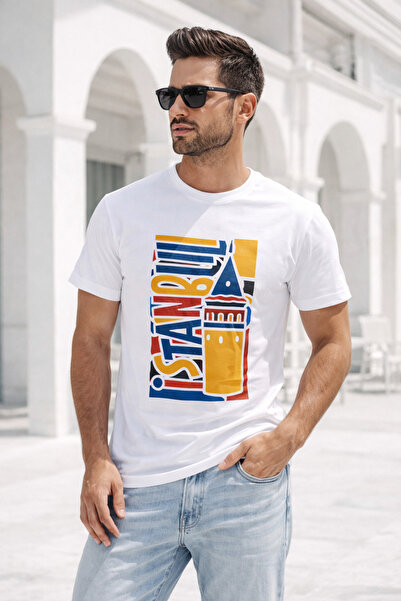 Rich Ανδρικό λευκό μπλουζάκι από 100% βαμβάκι Istanbul με στάμπα και κοντό μα...