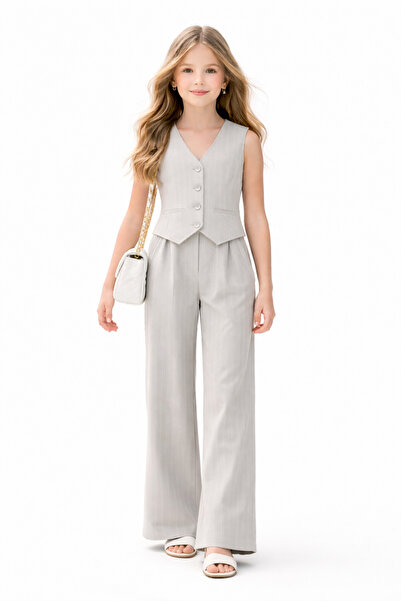 mini kanka Стилен комплект от елек и панталон за момичета – Раирана модерна к...