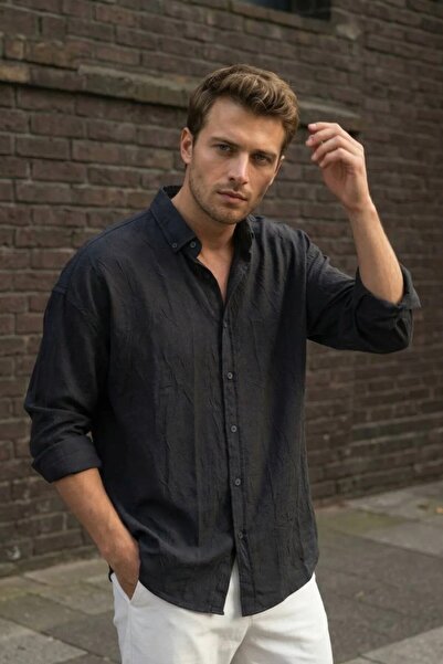 MADZEYMODA Ανδρικό πουκάμισο με εφέ ζάρωσης, μαύρο, άνετη εφαρμογή, καλοκαιρι...