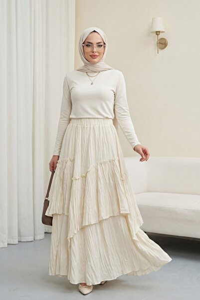 Modamorfo Φούστα από λινό βουάλ με ελαστική μέση - εκρού