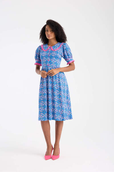 Wild Love Γυναικείο καλοκαιρινό φόρεμα με κοντό μανίκι, μπλε φλοράλ, ροζ κουμ...