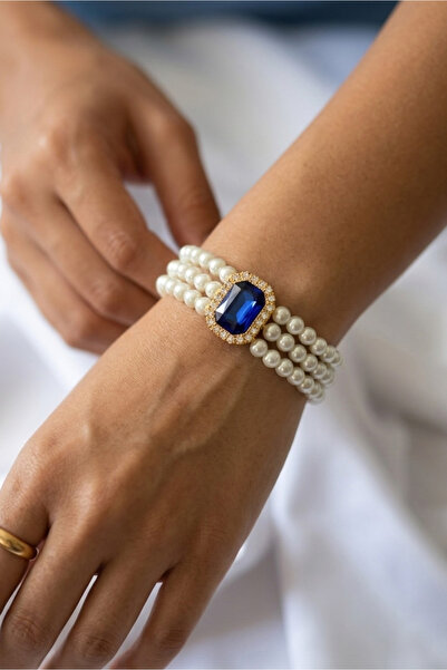 Happyline Pearl Cobalt Blue Baguette Stone Gold Plated Glass Pearl Choker Bra...