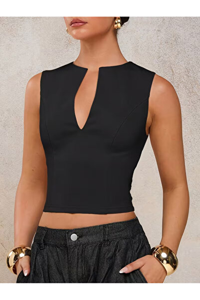 Tarz Cool Γυναικείο ελαστικό ύφασμα με βαθύ V λαιμόκοψη και στρογγυλό τελείωμα