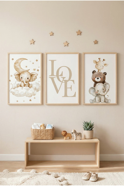 Tuba VİTA Doğal Ahşap Çerçeveli Love Yazılı Bebek Odası Hayvan Figürlü Duvar ...