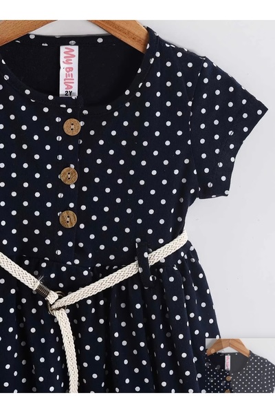 Butik Lena Dark Blue Polka Dot Patterned Belted Girls' Combed Cotton Dress
