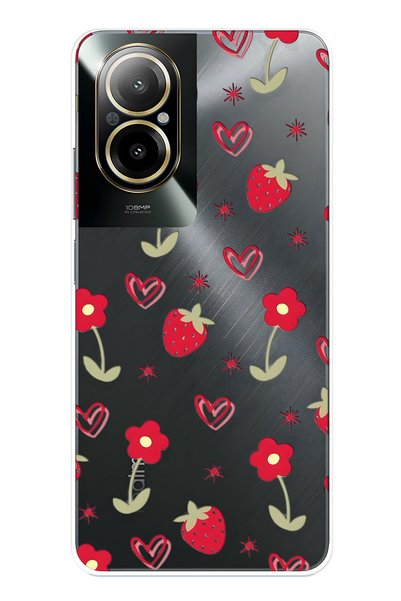 FLAMENKO Realme 12 Lite Compatible Strawberry and Heart Pattern Transparent P...
