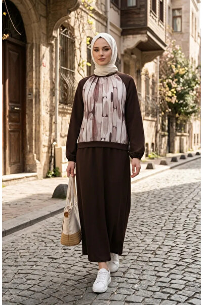 sefamerve Φούστα τουνίκ με γεωμετρικά σχέδια, σετ δύο τεμαχίων 0257-03 Καφέ