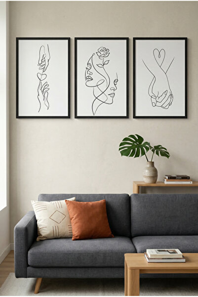 Tuba VİTA Siyah Ahşap Çerçeveli Minimalist Çizgi Sanatı 3’lü Set Soyut Figür ...