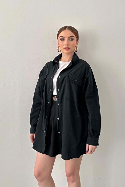 Elbee Fashion Woman Siyah Çift Cep Kapaklı Çıtçıtlı Gömlek