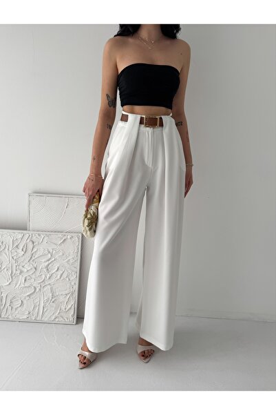 b buhari bykoc Παντελόνι ψηλόμεσο με φαρδιά μπατζάκια και λεπτομέρεια ζώνης σ...