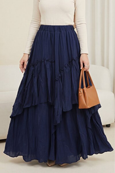 Modamorfo Elastic Waist Linen Look Voile Layered Skirt - Navy