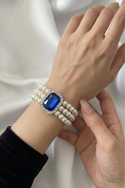 Happyline İncili Saks Mavi Baget Taşlı Gümüş Kaplama Cam İnci Tasma Choker Bi...