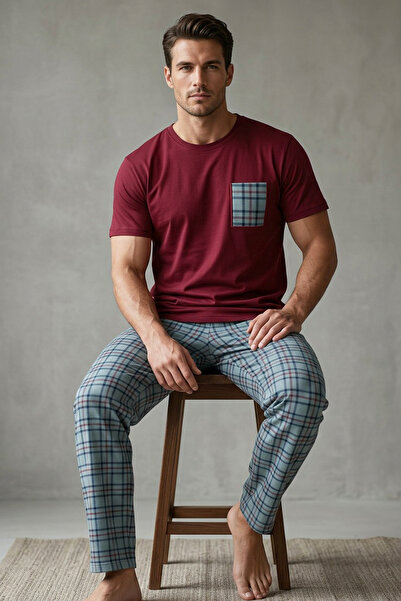 Siyah İnci μπορντό πράσινο Καρό με κεντητό σχέδιο στην τσέπη Πλεκτό κοντομάνι...