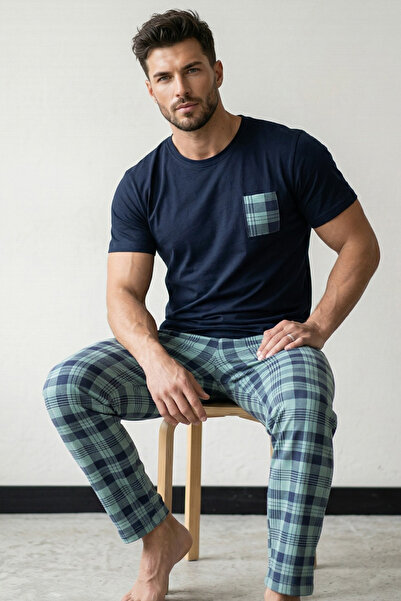 Siyah İnci Ναυτικό μπλε πράσινο καρό με κεντητό σχέδιο στην τσέπη Πλεκτό κοντ...